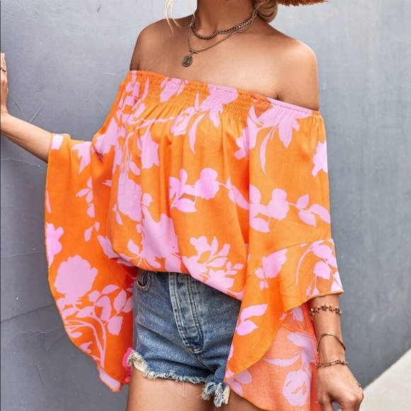 Boho Floral Print Off Shoulder Shirred Top Blouse - Picture 9 of 17